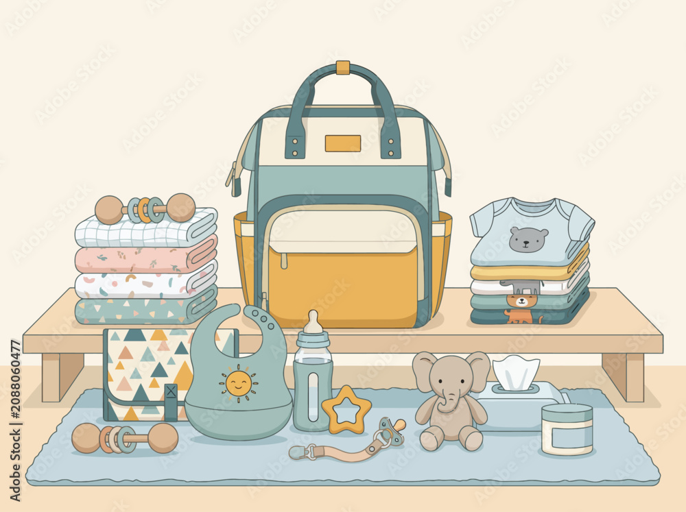 Fototapeta premium This charming illustration showcases essential baby items arranged neatly, symbolizing care and love in parenting, perfect for preparing for a fun day with your little one.