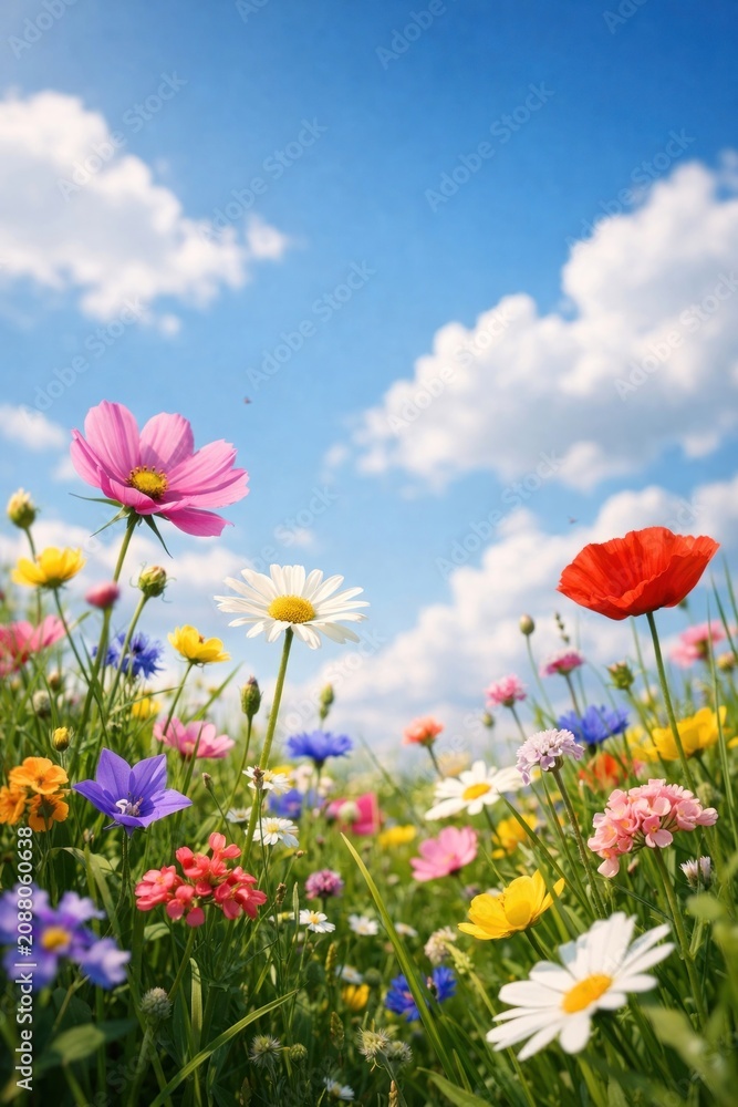 Fototapeta premium Vibrant wildflowers under blue sky.
