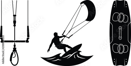 Bild auf Leinwand Set of kitesurfing gear including a control bar, a kitesurfer silhouette, and a board