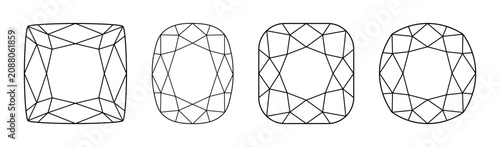 Cushion diamond cut shapes set. Design diagram. Cushion brilliant cut collection. Gemstone outline icon for jewellery design, branding, packaging, logo, digital graphic.