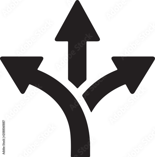 Tableau sur toile Solid black three-way direction arrow icon isolated on white