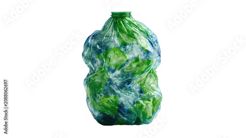 crushed plastic recycling bottle with floating leaves isolated on white background representing sustainable waste management and environmental protection 