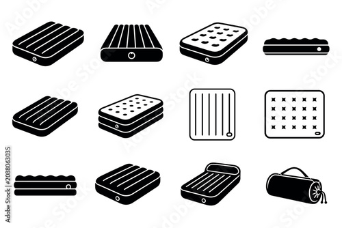 Inflatable air mattress icons set showing various types of blow up beds and camping sleeping pads in black silhouette style