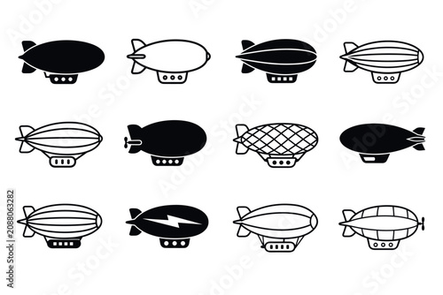 Airship and blimp vector icon set featuring various black and white dirigible designs for aviation and transportation graphics