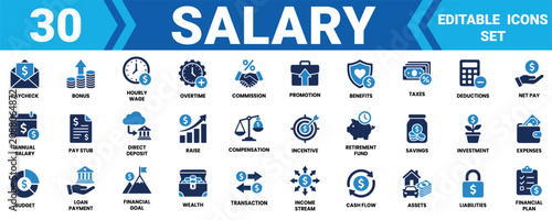 Set of 30 salary and finance icons featuring financial concepts money management and business payments Minimal solid fill icon set bundle collection. Editable Vector Illustration Mega pack