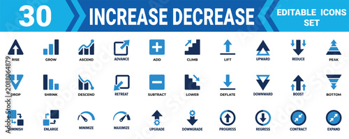 Set of thirty increase and decrease icons showing arrows and graphs for business data and finance growth Minimal solid fill icon set bundle collection. Editable Vector Illustration Mega pack