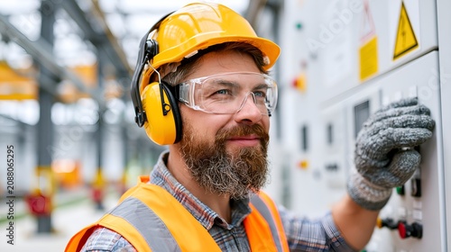 Hardworking electrician in industrial setting. Wears safety gear and gloves. Focused on machinery panel