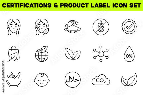 Certifications and Product Label Icon Set, Editable Stroke Vector Illustration with Natural Ingredients, Sustainability and Eco Packaging Symbols