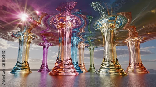 Vibrant Multicolored Glass Columns Under a Surreal Liquid Sky Reflecting Abstract Light Patterns