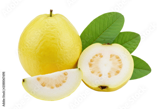 Yellow guava, sliced (white flesh, black seeds), green leaves, water droplets, transparent studio background, macro. Healthy tropical fruit concept
