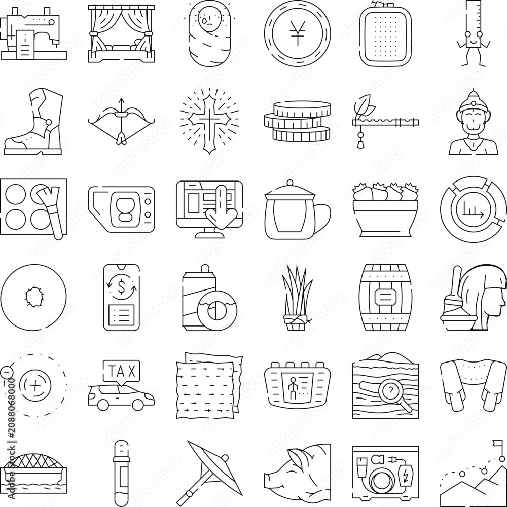 Fototapeta premium Collection of outline icons illustrating a wide range of concepts including finance, health, technology, travel, lifestyle, food, business, education, religion, and household objects