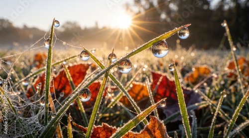 Принти на полотні Close up of dew drops on frost covered grass blades at sunrise with sunlight