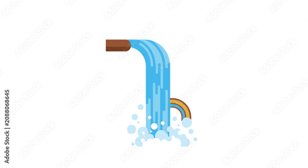 Naklejka premium Vector Illustration of a Flowing Waterfall Stream with Rainbow and Bubbles