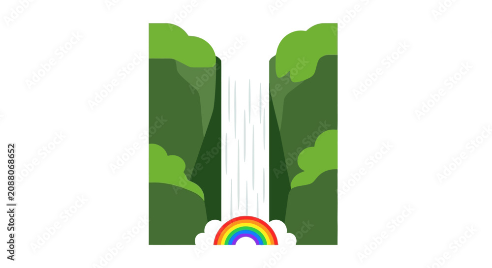 Naklejka premium Minimalist Vector Illustration of a Tropical Waterfall with a Vivid Rainbow