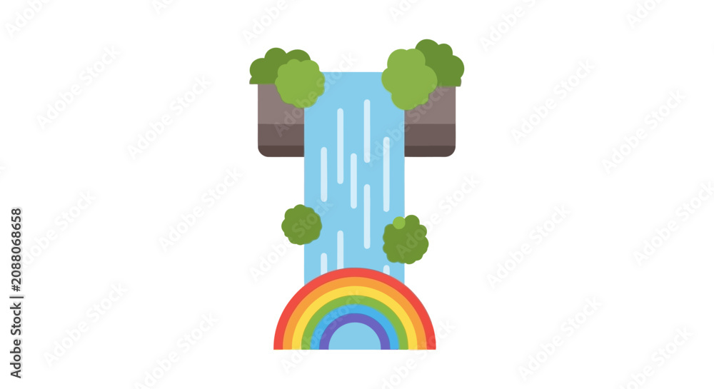 Naklejka premium Flat vector illustration of a scenic waterfall with a colorful rainbow
