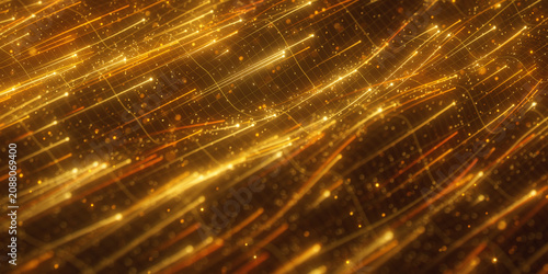 Golden digital particles flowing into abstract cyber hole. 3D quantum data stream on black background.