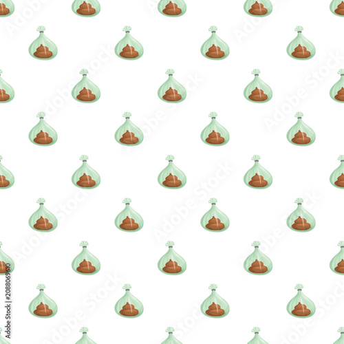 Green transparent bags filled with dog poop creating a seamless pattern