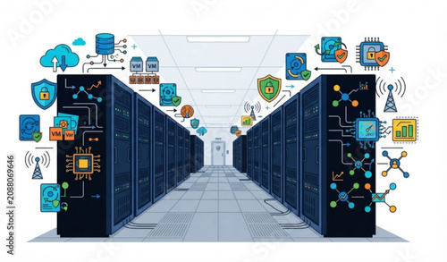 Tableau sur toile Server room aisle with cloud computing technology icons isolated on white backgr