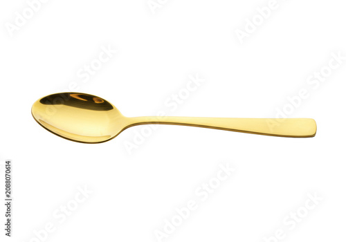 A highly polished gold metal spoon, pristine and reflective with an elegant handle, positioned horizontally against a transparent background with copy space, macro lens detail. Concept of luxury