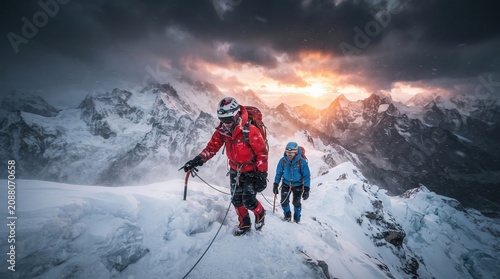 Dramatic sunset breakout illuminating silhouetted peaks and climbers on a glacial traverse.