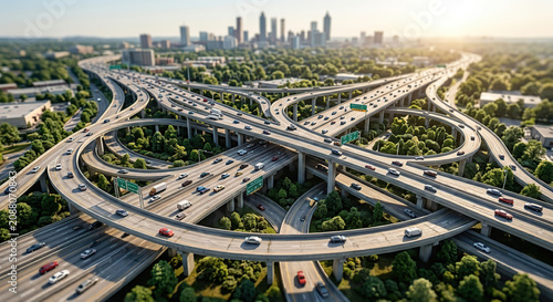 Aerial view of complex multi level highway interchange with heavy traffic leading to city skyline.
