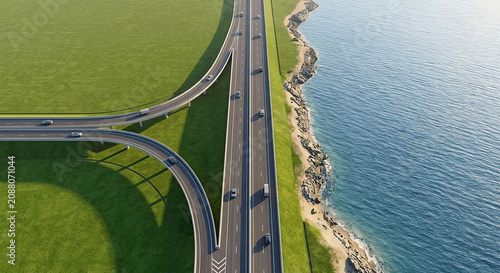 Aerial top down view of a coastal highway interchange next to the blue ocean cliff.
