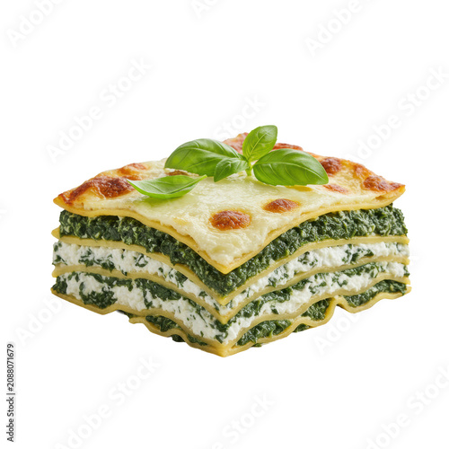 A hot, baked spinach ricotta lasagna slice with bubbling mozzarella, fresh basil, white plate, transparent background, copy space, appetizing Italian cuisine concept