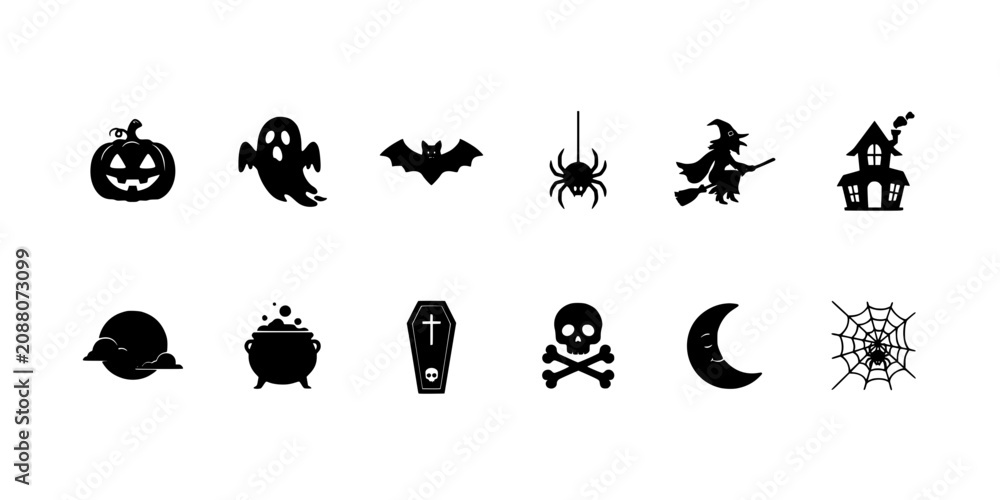 Fototapeta premium Pumpkin Icon, Ghost Bat Moon Cat Skull Spider Web Witch Hat Halloween Illustration Set Featuring Spiderweb, Broom, Lantern