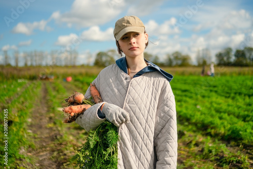 Fotografie A young woman stands holding fresh carrots with a serious, determined expression in a sunny field
