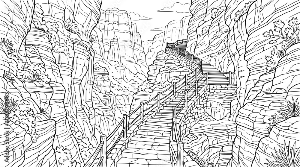 Fototapeta premium Winding Stone Staircase in a Mountain Canyon Coloring Page for Adults
