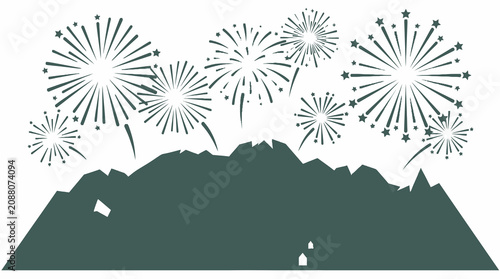 Fireworks display over mountain peaks silhouette
