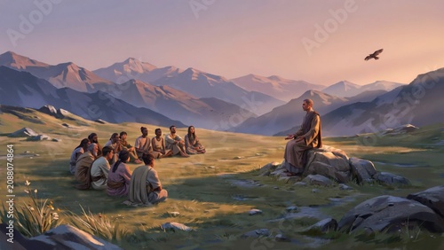 Guru teaching followers seated on grass in mountain valley at dawn, serene landscape.