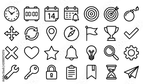 Modern minimalist utility icon collection with clocks calendars arrows targets bombs navigation and productivity symbols isolated on white background