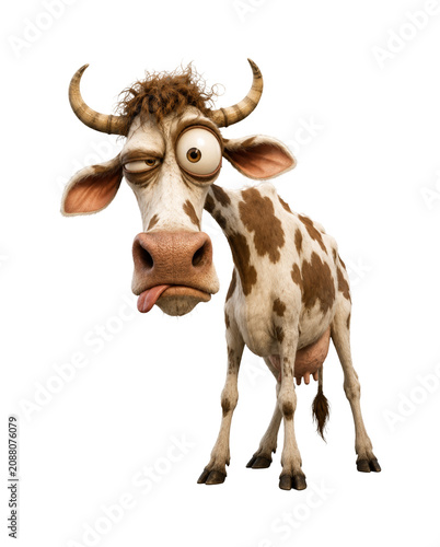 Funny Cross Eyed Cartoon Cow with Uneven Horns and Playful Tongue Expression Isolated Transparent Background