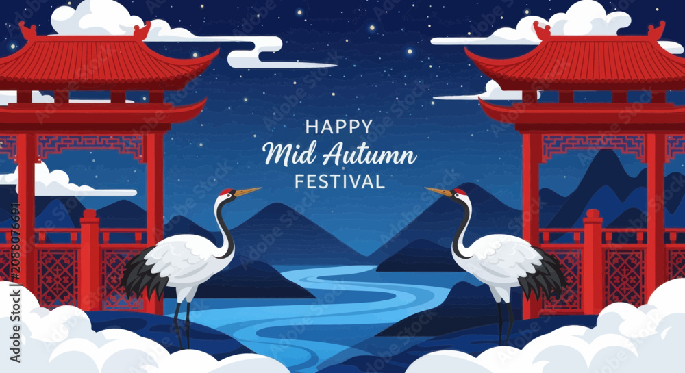 Fototapeta premium Mid autumn festival background with cranes and traditional gates