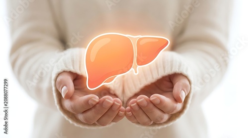 A person in a white sweater holds their cupped hands supporting a glowing orange liver and gallbladder organ illustration.
