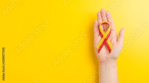 Hand holding red and yellow awareness ribbon on bright yellow background, symbolizing support and solidarity for a cause, health and wellness concept.