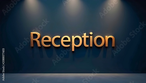 Artwork showing Reception text in polished metallic gold letters with soft lighting glow against elegant dark background