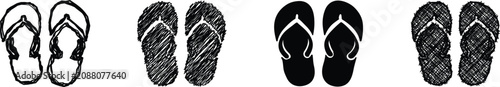 A set of four black and white graphic representations of flip-flops, showcasing different artistic interpretations from sketch to solid silhouette