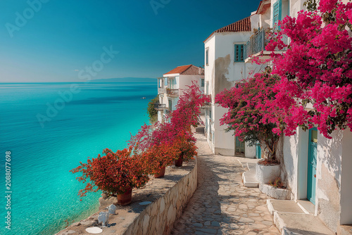 Idyllic Coastal Village: Whitewashed buildings with vibrant bougainvillea line a charming cobblestone path overlooking the sparkling turquoise sea.