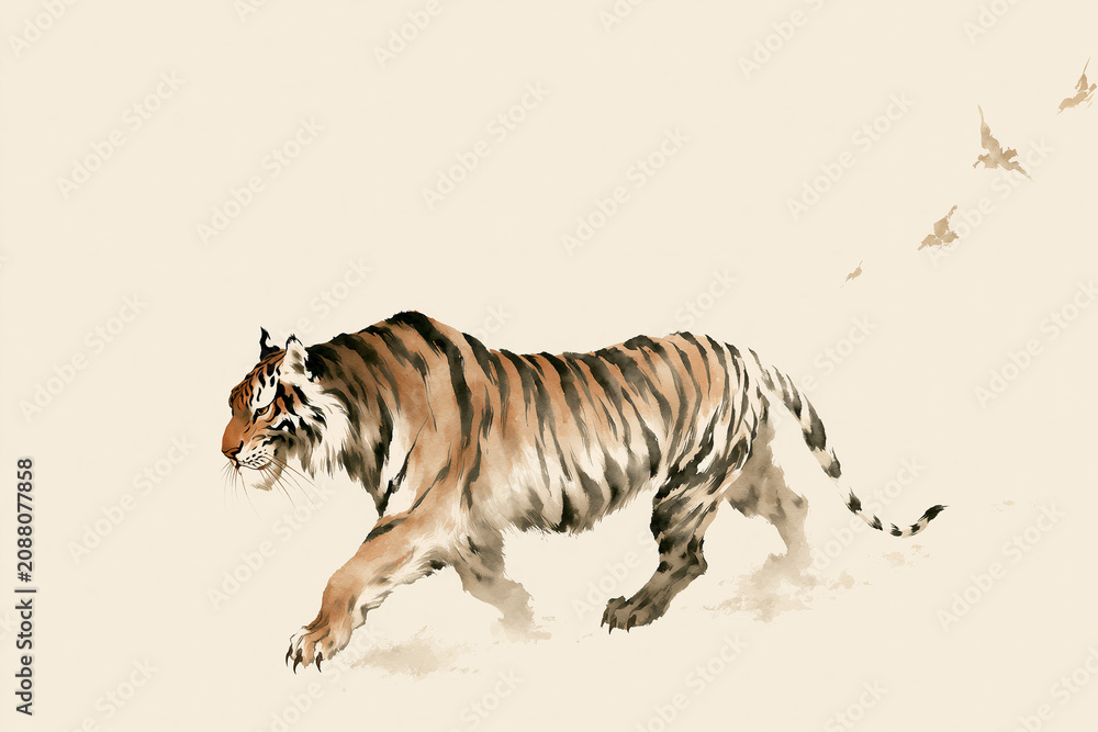 Fototapeta premium Traditional Japanese sumi-e ink style painting of a walking tiger on paper background, Generative AI image 