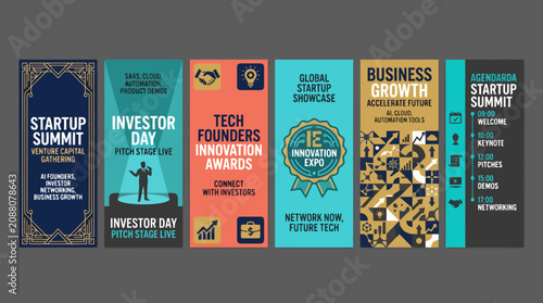 Business startup summit banner set, tech founders innovation awards vertical posters, investor day pitch event marketing flyers, vector collection