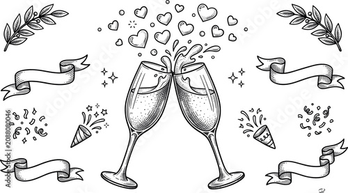 Tableau sur toile Champagne toast vector set with vintage hand drawn sketch elements of clinking g