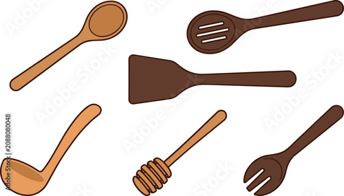 Foto Wooden kitchen utensils vector set with cooking spoon slotted spoon spatula soup