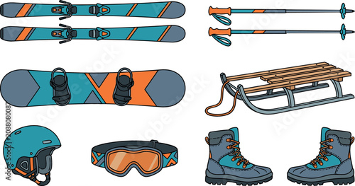 Bild auf Leinwand Winter sports equipment vector set with downhill skis poles snowboard wooden sle