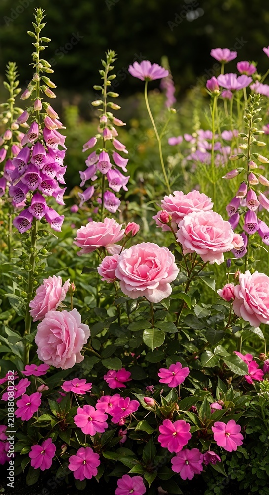 Fototapeta premium Colorful Garden with Pink and Purple Flowers in Bloom.