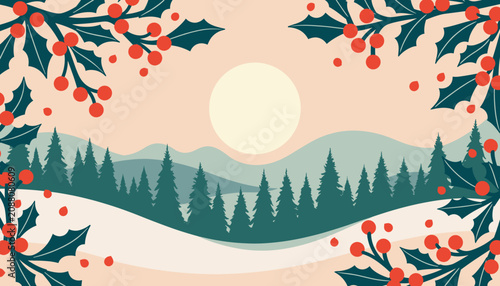 Winter landscape with sun, snow, and holly in flat design style  