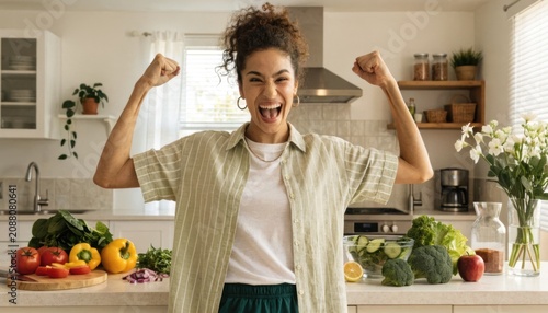 A joyful woman in a kitchen flexes her arms in a victorious pose surrounded by fresh fruits and vegetables, symbolizing health and vitality.