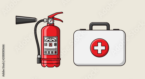 Fotografía Fire Extinguisher and First Aid Kit Vector Illustration