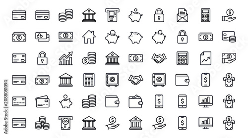 Canvas-taulu Banking and financial service line icon collection